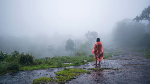 Rear view of man standing on land during rainy season