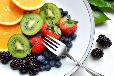 High angle view of fruits in plate