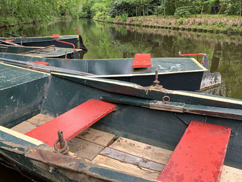 High angle view of fishing boat moored in lake