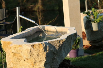 Close-up of clothes hanging on retaining wall in yard