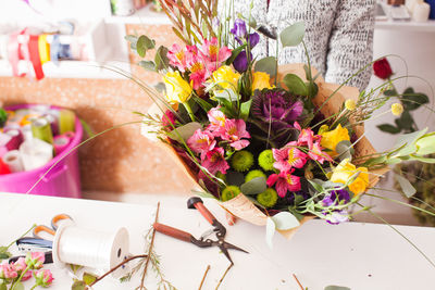 High angle view of various flowers on table