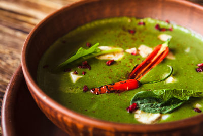 High angle view of soup in bowl