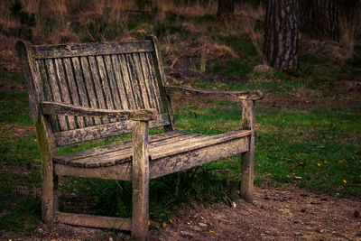 Empty wooden bench on field 