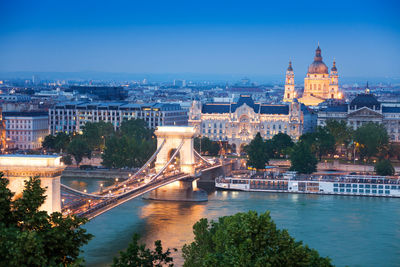 Bridge over river with city in background