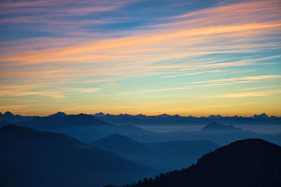 Scenic view of mountains against sky during sunset