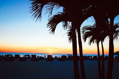 Silhouette palm trees on beach against sky during sunset