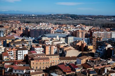 High angle view of buildings in city