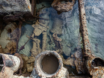Close-up of rusty metal on rock