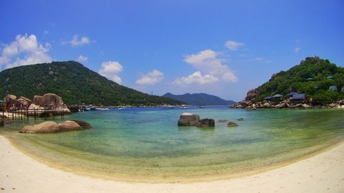 Scenic view of sea against blue sky