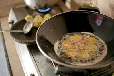 High angle view of breakfast on table