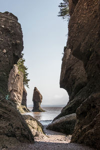 Rocks on beach against clear sky