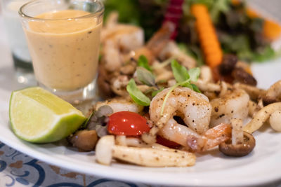 Close-up of breakfast served on table