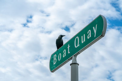 Bird on top of boast quay sign, singapore, against cloudy sky. photo with copy space