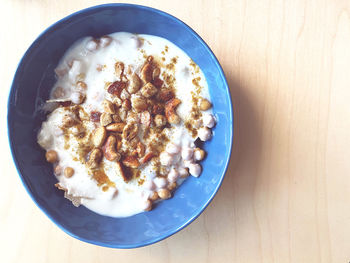 High angle view of breakfast served on table