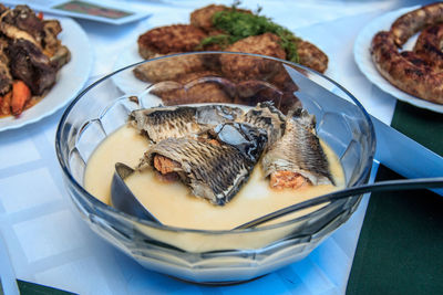 High angle view of fish in plate on table