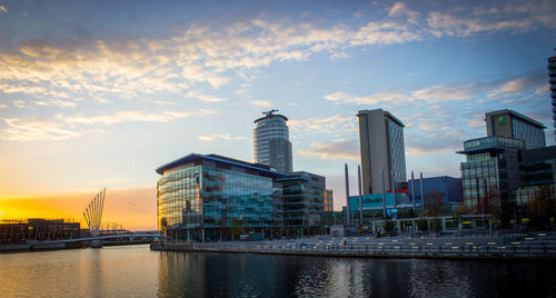 City at waterfront against cloudy sky