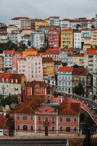 High angle view of residential buildings in city
