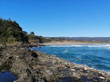 Scenic view of sea against clear blue sky