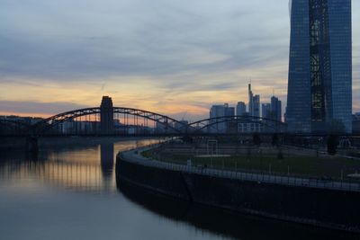 Bridge over river at sunset