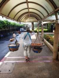 Rear view of man working at bus