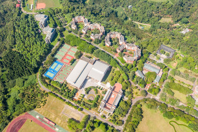 High angle view of buildings in field