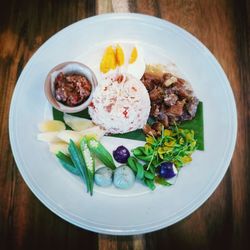 High angle view of meal served on table