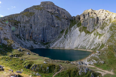 Scenic view of lake and mountains against sky