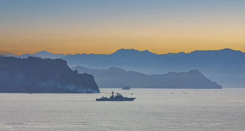 Military ship on the background of mountains