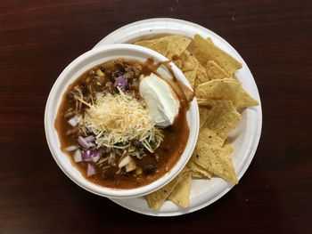 High angle view of soup in bowl