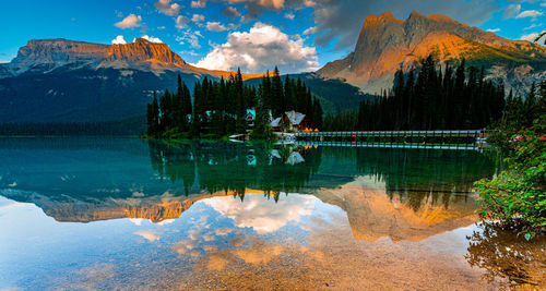 Scenic view of lake by mountains against sky