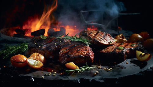 Close-up of meat on barbecue grill