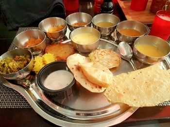 High angle view of food in plate on table