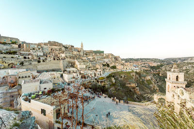 High angle view of townscape against clear sky