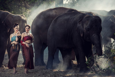 Rear view of women standing on land