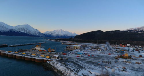 High angle view of mountains against clear sky