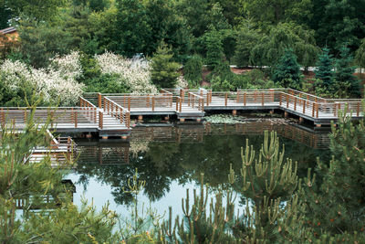 Bridge over lake against trees