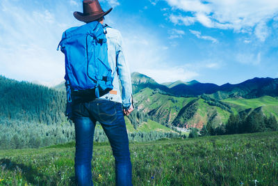 Rear view of man standing on land against sky