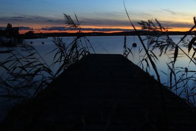 Silhouette plants by lake against sky during sunset