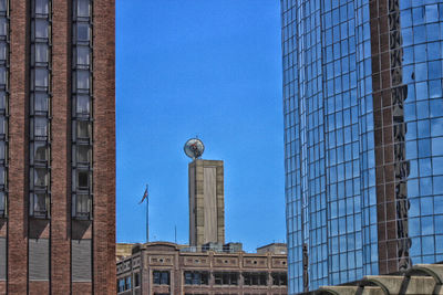 Low angle view of building against clear blue sky