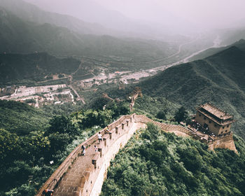 High angle view of agricultural landscape against sky