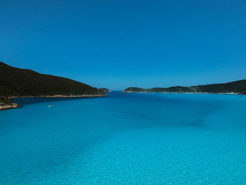 Scenic view of sea against clear blue sky