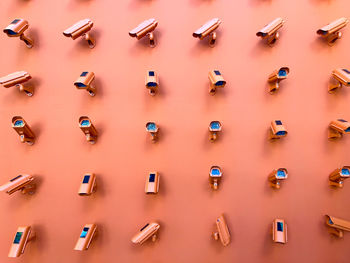 High angle view of multi colored toys on white background