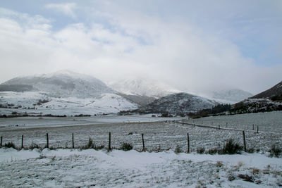 Scenic view of snowcapped mountains against sky