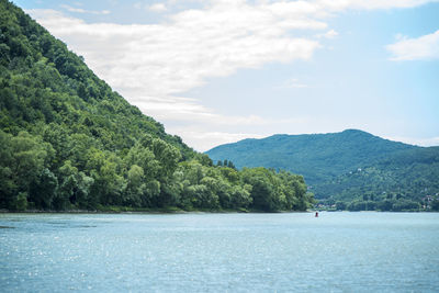 Scenic view of lake and mountains against sky