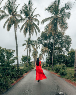 Rear view of woman walking on palm trees