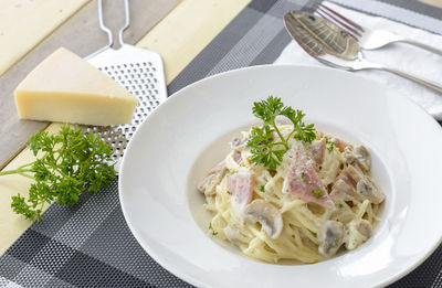 High angle view of food in plate on table