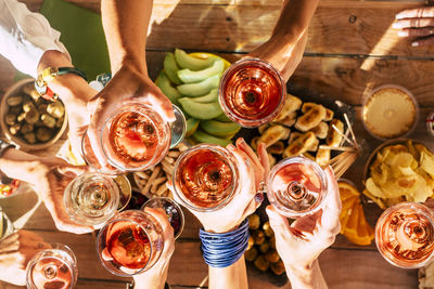 High angle view of people on table