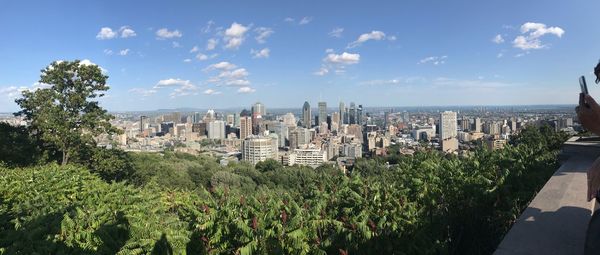 Panoramic view of trees and buildings against sky