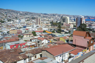 High angle shot of townscape against clear sky