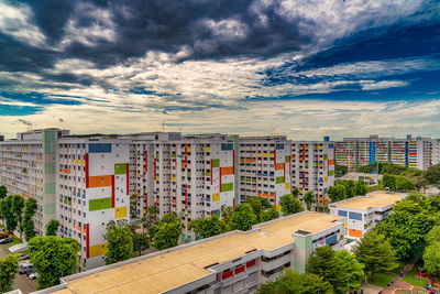 High angle view of buildings against sky